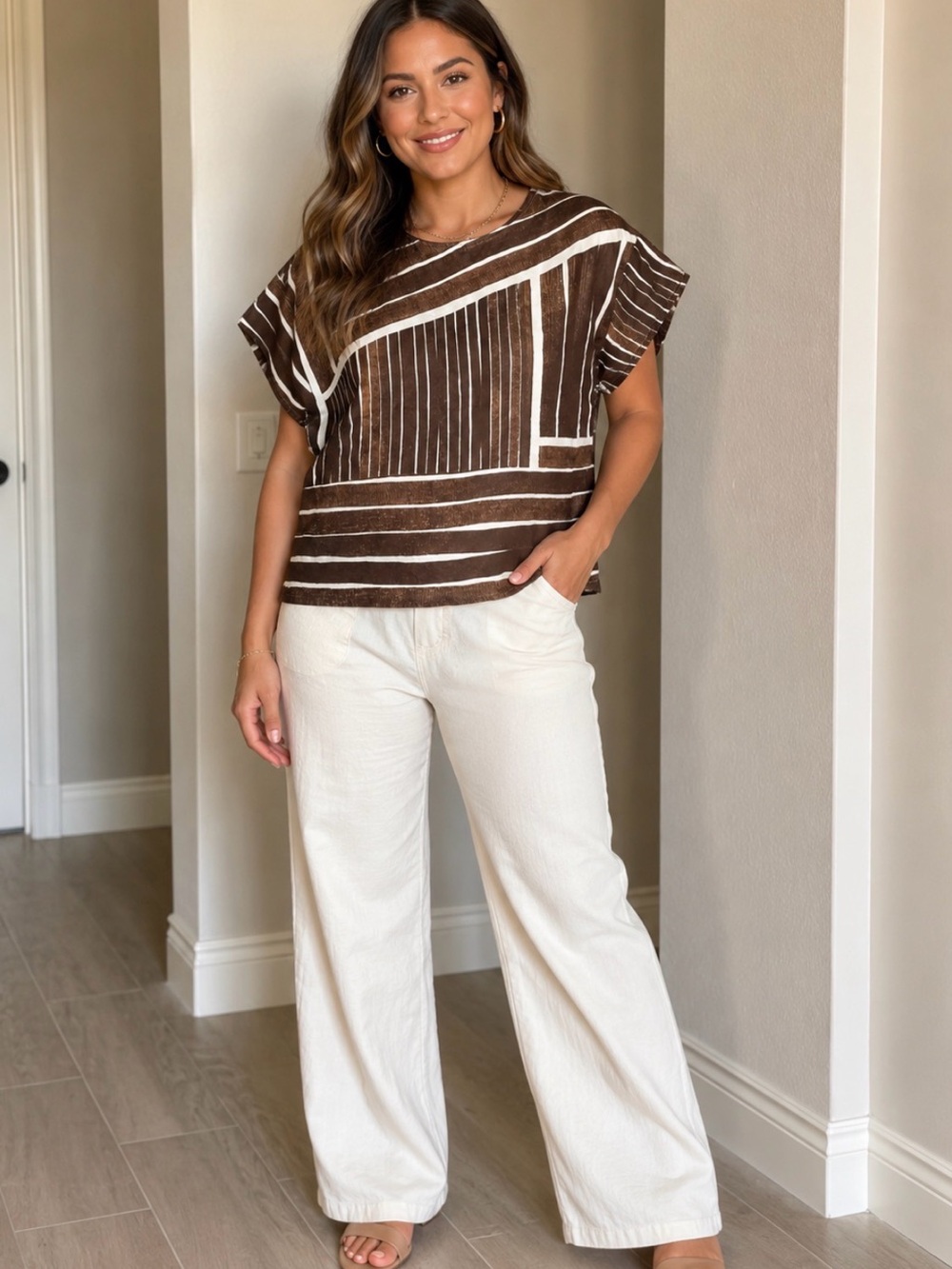 Chico's Brown and Cream Striped Scoop Neck Tee